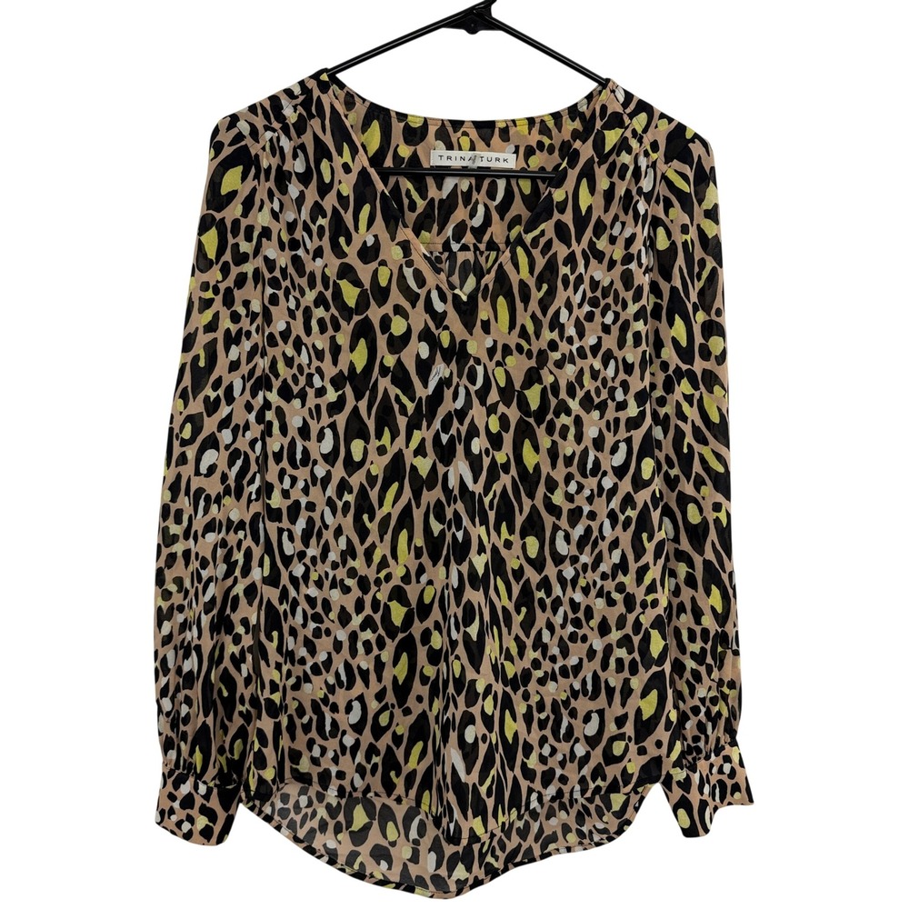 Trina Turk Top Womens XS Tan Leopard Print Silk V Neck Long Sleeve Blouse